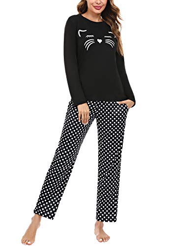 Aibrou Conjunto de Pijamas Mujer, Ropa de Casa Dormir de Manga Larga en Cuello Redondo Pijama Estampado Gato Conjuntos Camiseta y Punto de Onda Pantalon Mujer per Hogar Casual