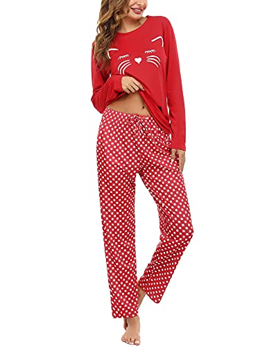Aibrou Conjunto de Pijamas Mujer, Ropa de Casa Dormir de Manga Larga en Cuello Redondo Pijama Estampado Gato Conjuntos Camiseta y Punto de Onda Pantalon Mujer per Hogar Casual