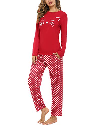 Aibrou Conjunto de Pijamas Mujer, Ropa de Casa Dormir de Manga Larga en Cuello Redondo Pijama Estampado Gato Conjuntos Camiseta y Punto de Onda Pantalon Mujer per Hogar Casual