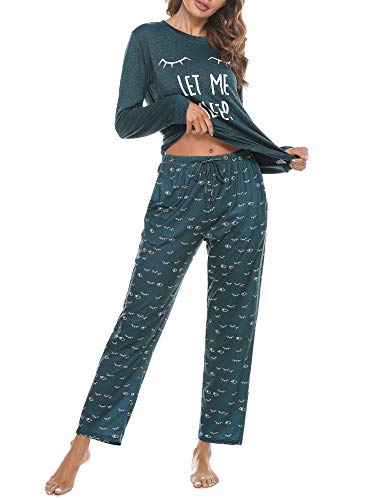 Aibrou Conjunto de Pijamas Mujer, Ropa de Casa Dormir de Manga Larga en Cuello Redondo Pijama Estampado Gato Conjuntos Camiseta y Punto de Onda Pantalon Mujer per Hogar Casual B:Verde Oscuro XXL