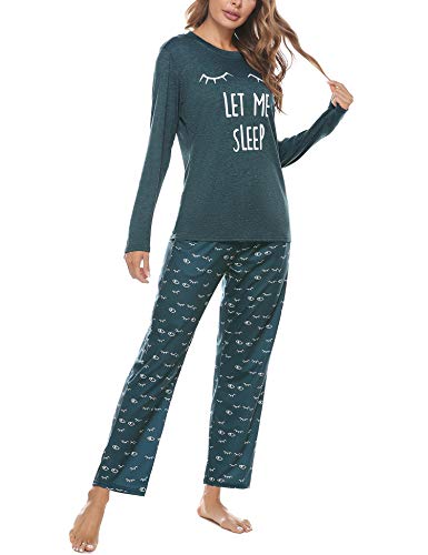Aibrou Conjunto de Pijamas Mujer, Ropa de Casa Dormir de Manga Larga en Cuello Redondo Pijama Estampado Gato Conjuntos Camiseta y Punto de Onda Pantalon Mujer per Hogar Casual B:Verde Oscuro XXL