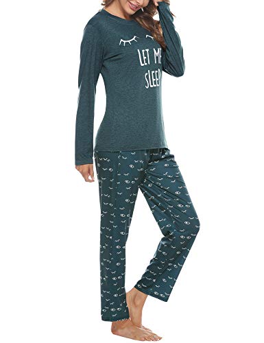 Aibrou Conjunto de Pijamas Mujer, Ropa de Casa Dormir de Manga Larga en Cuello Redondo Pijama Estampado Gato Conjuntos Camiseta y Punto de Onda Pantalon Mujer per Hogar Casual B:Verde Oscuro XXL