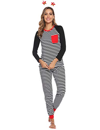 Aibrou Conjunto de Pijamas Navidad de Familia,Camiseta de Manga Larga + Pantalones Largos,algodón Rayas Suave Ropa Conjunto Familia a Dormir,Pijama Parejas. (Mujer Negro XXL)