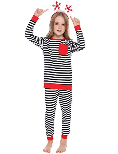 Aibrou Conjunto de Pijamas Navidad de Familia,Camiseta de Manga Larga + Pantalones Largos,algodón Rayas Suave Ropa Conjunto Familia a Dormir,Pijama Parejas. (Niños Negro M)