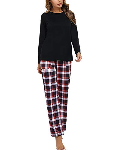 Aibrou Conjuntos de Pijama, Mujer Pijama Conjunto Camiseta y Pantalones Plaid Pijama Largo Mujer Elegante Manga Pantalon Largos Suave Pijama Mujer 2 Piezas Invierno