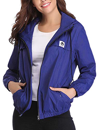 Aibrou Cortavientos Abrigos Impermeables con Capucha Ligera para Mujer,Chubasquero Deporte para al Aire Libre,Ropa de Secado Rápido Chaqueta de Viento e Impermeable, (Azul, XL)
