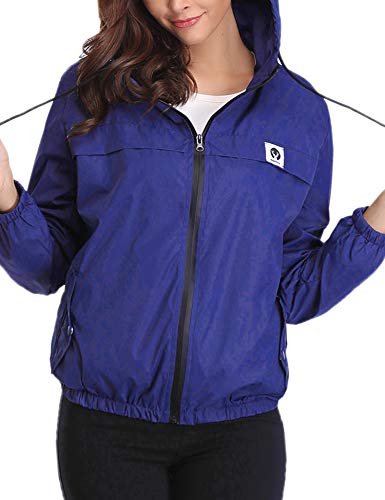 Aibrou Cortavientos Abrigos Impermeables con Capucha Ligera para Mujer,Chubasquero Deporte para al Aire Libre,Ropa de Secado Rápido Chaqueta de Viento e Impermeable, (Azul, XL)