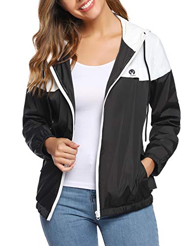Aibrou Cortavientos Abrigos Impermeables con Capucha Ligera para Mujer,Chubasquero Deporte para al Aire Libre,Ropa de Secado Rápido Chaqueta de Viento e Impermeable, (Blanco Negro XS)