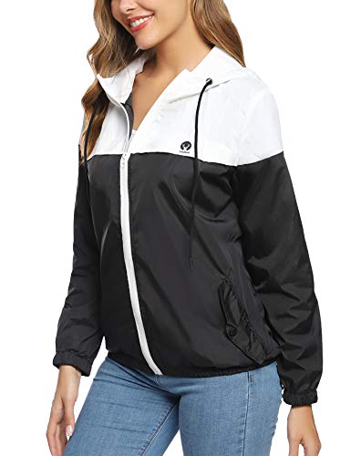 Aibrou Cortavientos Abrigos Impermeables con Capucha Ligera para Mujer,Chubasquero Deporte para al Aire Libre,Ropa de Secado Rápido Chaqueta de Viento e Impermeable, (Blanco Negro XS)