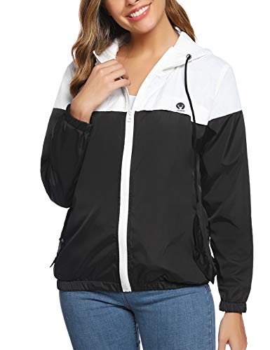 Aibrou Cortavientos Abrigos Impermeables con Capucha Ligera para Mujer,Chubasquero Deporte para al Aire Libre,Ropa de Secado Rápido Chaqueta de Viento e Impermeable, (Blanco Negro XS)