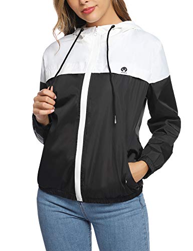 Aibrou Cortavientos Abrigos Impermeables con Capucha Ligera para Mujer,Chubasquero Deporte para al Aire Libre,Ropa de Secado Rápido Chaqueta de Viento e Impermeable, (Blanco Negro XS)