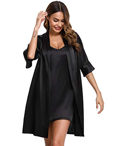 Aibrou Kimono Corto Mujer, Kimono Mujer Bata Satén Corto Bata de Dos Piezas Cuello en V, Pijama Kimono Mujer con Bolsillo Mangas con Volantes para Hogar, Boda, Fiesta Novia Dama de Honor