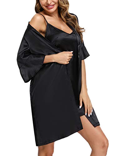 Aibrou Kimono Corto Mujer, Kimono Mujer Bata Satén Corto Bata de Dos Piezas Cuello en V, Pijama Kimono Mujer con Bolsillo Mangas con Volantes para Hogar, Boda, Fiesta Novia Dama de Honor