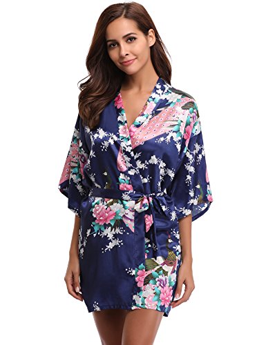 Aibrou Kimono Mujer Novia Bata Corto Sexy y Elegante con Pavo & Flores Pijamas Albornozes Camison Mujer Suave,Cómodo,Sedoso y Agradable