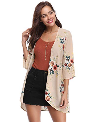 Aibrou Kimonos Mujer Flojo Cárdigan Kimono Florales Manga 3/6 Tops Blusa Floral Suelta Casual Boho Style Capas,(Rosa, L)