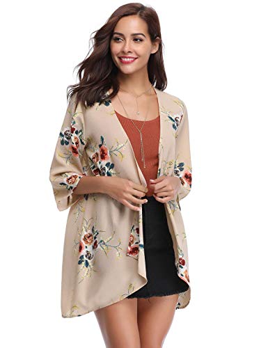 Aibrou Kimonos Mujer Flojo Cárdigan Kimono Florales Manga 3/6 Tops Blusa Floral Suelta Casual Boho Style Capas,(Rosa, L)