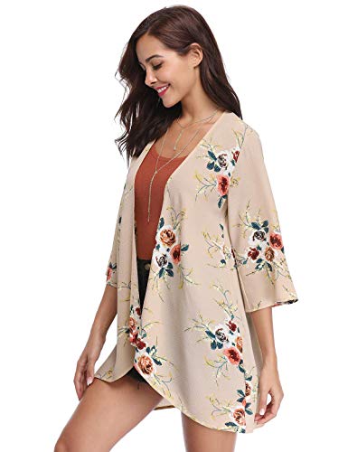 Aibrou Kimonos Mujer Flojo Cárdigan Kimono Florales Manga 3/6 Tops Blusa Floral Suelta Casual Boho Style Capas,(Rosa, L)