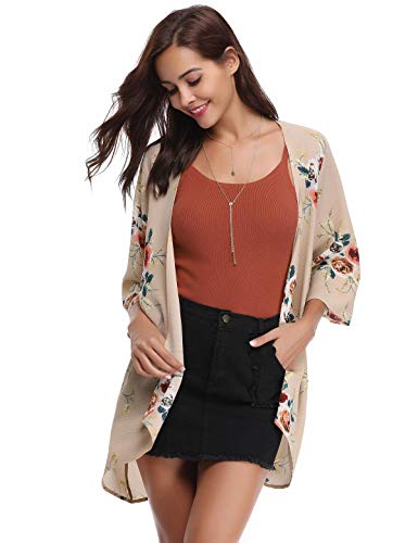 Aibrou Kimonos Mujer Flojo Cárdigan Kimono Florales Manga 3/6 Tops Blusa Floral Suelta Casual Boho Style Capas,(Rosa, L)
