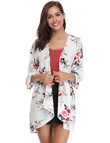 Aibrou Kimonos Mujer Flojo Cárdigan Kimono Florales Manga 3/7 Tops Blusa Floral Suelta Casual Boho Style Capas,(Blanco, L)