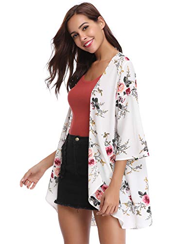 Aibrou Kimonos Mujer Flojo Cárdigan Kimono Florales Manga 3/7 Tops Blusa Floral Suelta Casual Boho Style Capas,(Blanco, L)