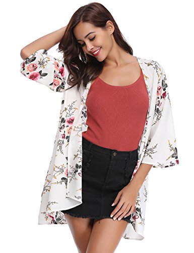 Aibrou Kimonos Mujer Flojo Cárdigan Kimono Florales Manga 3/7 Tops Blusa Floral Suelta Casual Boho Style Capas,(Blanco, L)