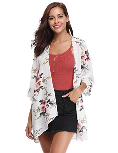 Aibrou Kimonos Mujer Flojo Cárdigan Kimono Florales Manga 3/7 Tops Blusa Floral Suelta Casual Boho Style Capas,(Blanco, L)