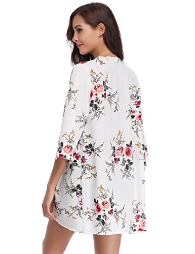 Aibrou Kimonos Mujer Flojo Cárdigan Kimono Florales Manga 3/7 Tops Blusa Floral Suelta Casual Boho Style Capas,(Blanco, L)
