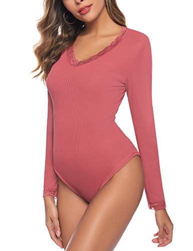 Aibrou Mujer Bodis de Manga Larga Cuello Redondo con Encaje Bodysuit Llanura Elástico Top de Leotardo Mono de Ropa Interior para Dormir