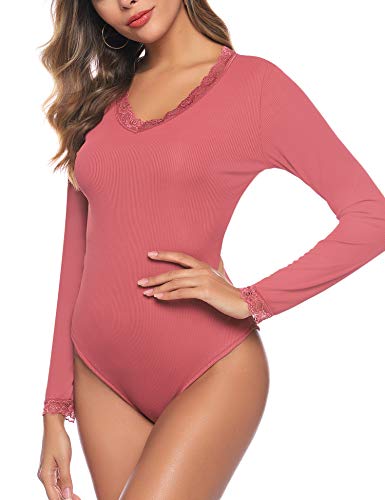 Aibrou Mujer Bodis de Manga Larga Cuello Redondo con Encaje Bodysuit Llanura Elástico Top de Leotardo Mono de Ropa Interior para Dormir
