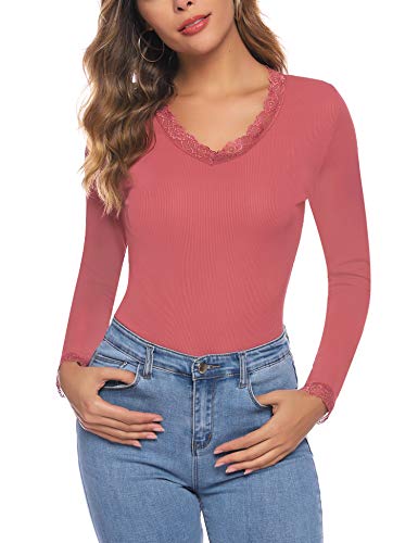 Aibrou Mujer Bodis de Manga Larga Cuello Redondo con Encaje Bodysuit Llanura Elástico Top de Leotardo Mono de Ropa Interior para Dormir