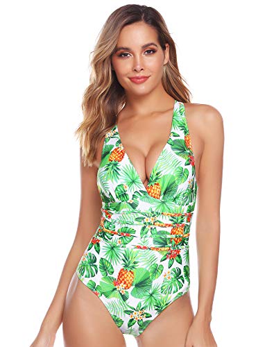 Aibrou Mujer Cuello en V Profundo Bañador Una Pieza Halter con Espalda Vendaje Traje de baño Monokini, (Blanco Hoja Verde, M)