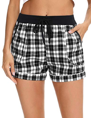 Aibrou Pantalones Algodón Cortas de Pijama Verano para Mujer, Pantalon Pijama Corto de Mujer con Bolsillos Pantalones Deportivos para Mujer de Verano,Negro,S