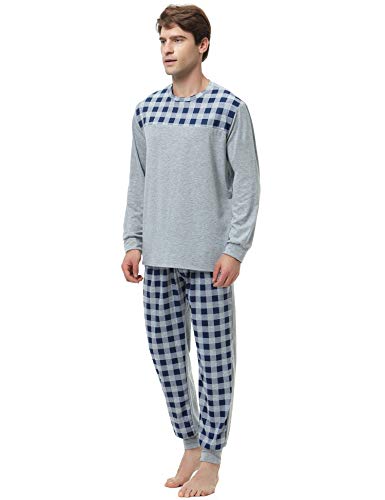 Aibrou Pijama Hombre Algodón Invierno Largo,Pijamas Cuadros Ropa de Dormir Causal Camiseta y Pantalones Cómodo cálido Talla S-XXL