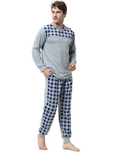 Aibrou Pijama Hombre Algodón Invierno Largo,Pijamas Cuadros Ropa de Dormir Causal Camiseta y Pantalones Cómodo cálido Talla S-XXL