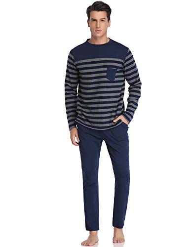 Aibrou Pijama Hombre Invierno de Algodón Mangas Larga Pantalones Largo 2 Piezas a Raya