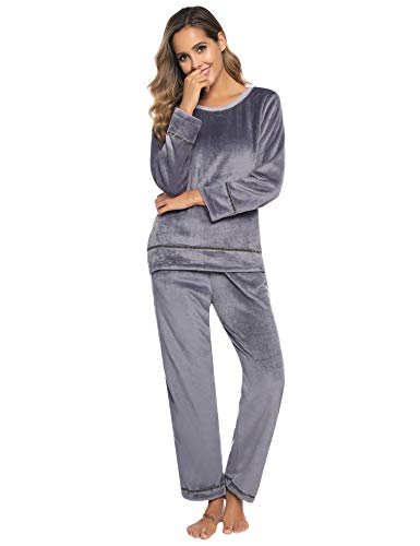 Aibrou Pijama Mujer Invierno Franela Dos Piezas,Pijamas Cálido Largos Casual Ropa de Casa Dormir Suave y Comodo S-XXL