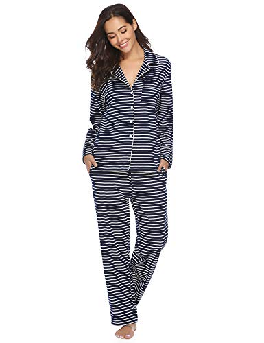 Aibrou Pijama Mujer Invierno Pijamas de Mangas Largas Algodón Pantalones Largo 2 Piezas de Rayas, Cómodo y Transpirable