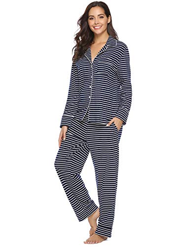 Aibrou Pijama Mujer Invierno Pijamas de Mangas Largas Algodón Pantalones Largo 2 Piezas de Rayas, Cómodo y Transpirable