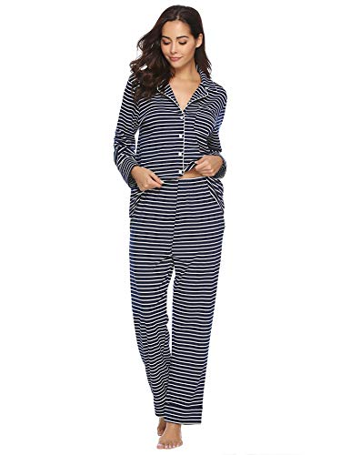 Aibrou Pijama Mujer Invierno Pijamas de Mangas Largas Algodón Pantalones Largo 2 Piezas de Rayas, Cómodo y Transpirable