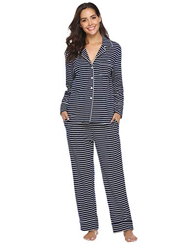 Aibrou Pijama Mujer Invierno Pijamas de Mangas Largas Algodón Pantalones Largo 2 Piezas de Rayas, Cómodo y Transpirable