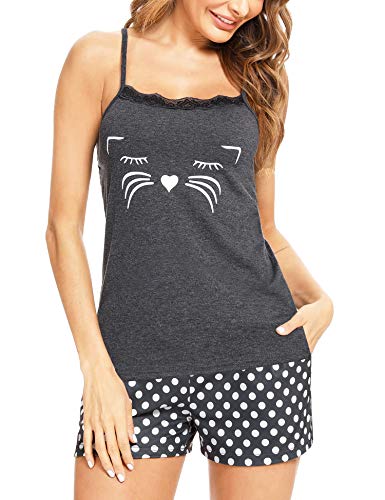 Aibrou Pijamas de Mujer, Pijama Corto Tirantes Verano Pijamas Cortos Mujer Bonitos Algodon Conjunto de Pijama Mujer Ropa de Casa Precioso Pijamas para Mujer per Hogar Casual Gris Oscuro M
