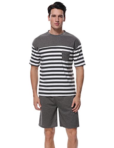 Aibrou Pijamas Hombre Verano Corto de Algodón Ropa de Dormir a Rayas Manga Corta, Suave, Cómodo y Agradable