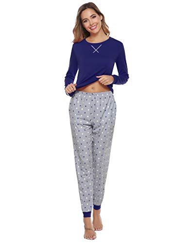 Aibrou Pijamas Invierno Mujer Algodon Mangas Larga Conjunto de Pijama de Mujer Pantalon Largo 2 Piezas Talla Grande