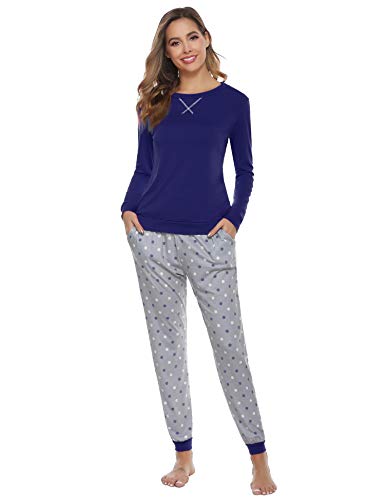 Aibrou Pijamas Invierno Mujer Algodon Mangas Larga Conjunto de Pijama de Mujer Pantalon Largo 2 Piezas Talla Grande
