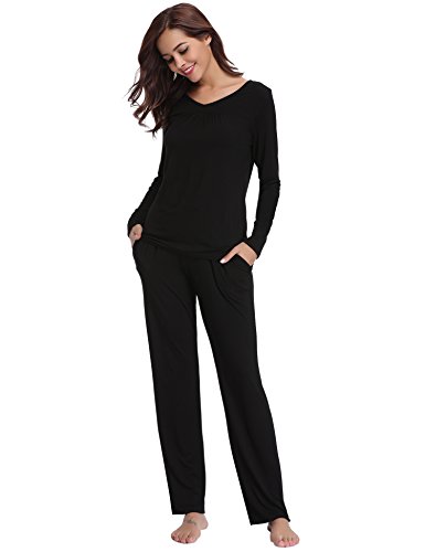 Aibrou Pijamas Mujer Algodon 2 Piezas Conjuntos Sexy e Elegante Manga Pantalon Largos,Suave Comodo y Agradable, S