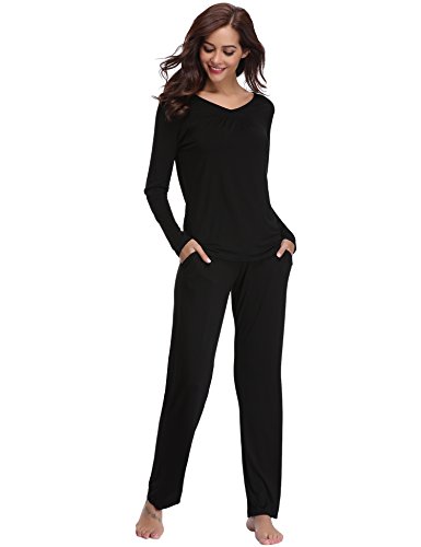 Aibrou Pijamas Mujer Algodon 2 Piezas Conjuntos Sexy e Elegante Manga Pantalon Largos,Suave Comodo y Agradable, S