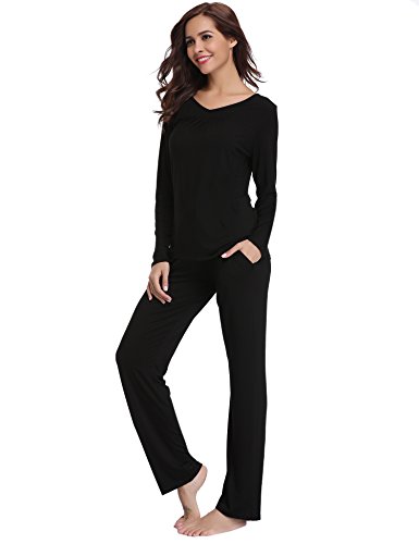 Aibrou Pijamas Mujer Algodon 2 Piezas Conjuntos Sexy e Elegante Manga Pantalon Largos,Suave Comodo y Agradable, S