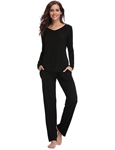 Aibrou Pijamas Mujer Algodon 2 Piezas Conjuntos Sexy e Elegante Manga Pantalon Largos,Suave Comodo y Agradable, S