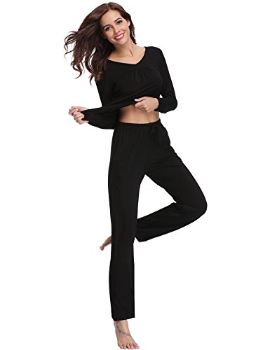 Aibrou Pijamas Mujer Algodon 2 Piezas Conjuntos Sexy e Elegante Manga Pantalon Largos,Suave Comodo y Agradable, S