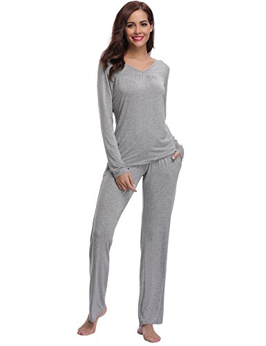 Aibrou Pijamas Mujer Algodón Invierno 2 Piezas,Ropa de Casa Dormir Casual Camiseta y Pantalones Largo Conjuntos Suave y Comodo (Gris,L)